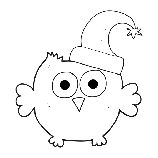 Preto e branco desenho animado pequena coruja vestindo chapéu de Natal — Vetor de Stock