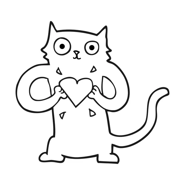 Fekete-fehér rajzfilm macska-szerelmes szívvel — Stock Vector