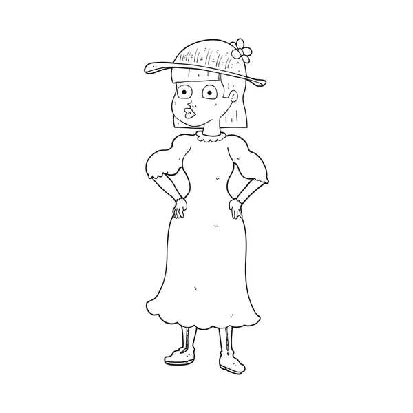 Mujer de dibujos animados en blanco y negro en vestido sensible — Vector de stock