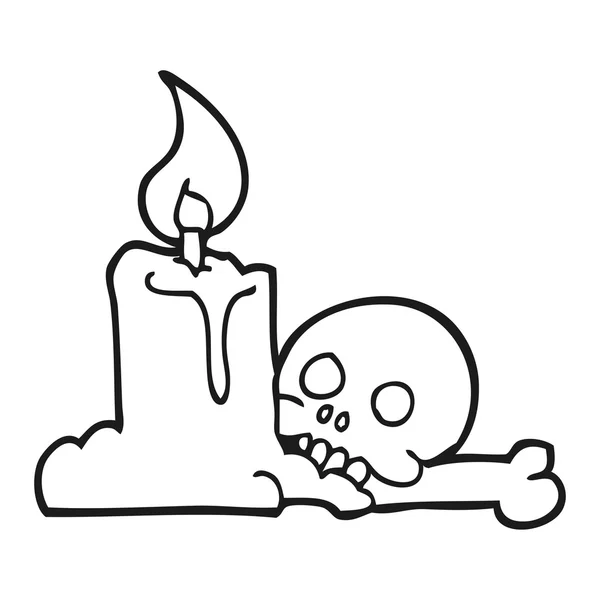Zwart-wit cartoon spooky schedel en kaars — Stockvector