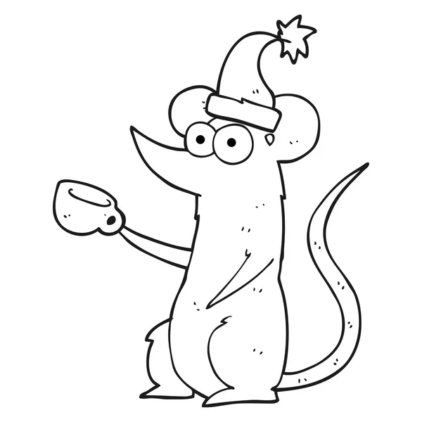 Μαύρο και άσπρο γελοιογραφία ποντίκι φοράει καπέλο Χριστούγεννα — Διανυσματικό Αρχείο