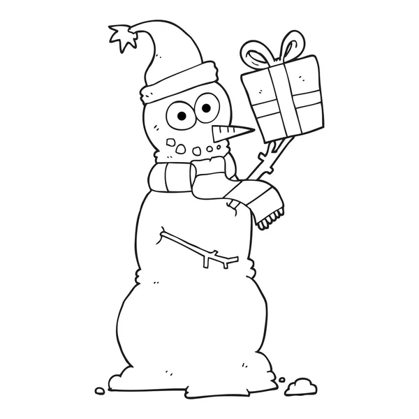 Negro y blanco dibujos animados muñeco de nieve celebración presente — Vector de stock