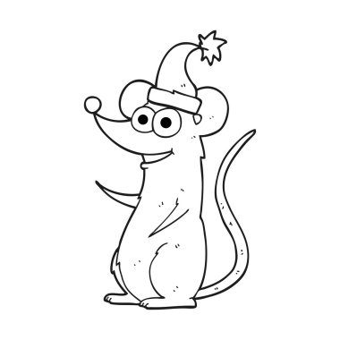 Noel şapka siyah beyaz çizgi film fare