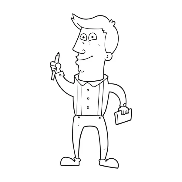 Zwart-wit cartoon man met notebook en pen — Stockvector