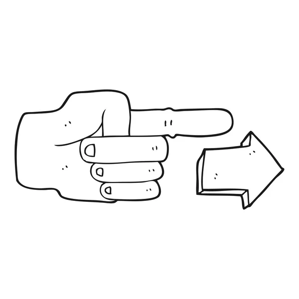 Cartone animato bianco e nero che punta la mano con la freccia — Vettoriale Stock