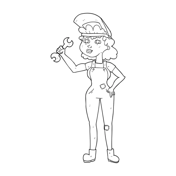 Schwarz-weiße Cartoon-Frau mit Schraubenschlüssel — Stockvektor