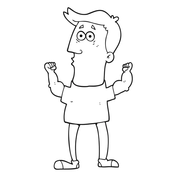 Dibujos animados en blanco y negro sorprendido hombre flexión bíceps — Vector de stock