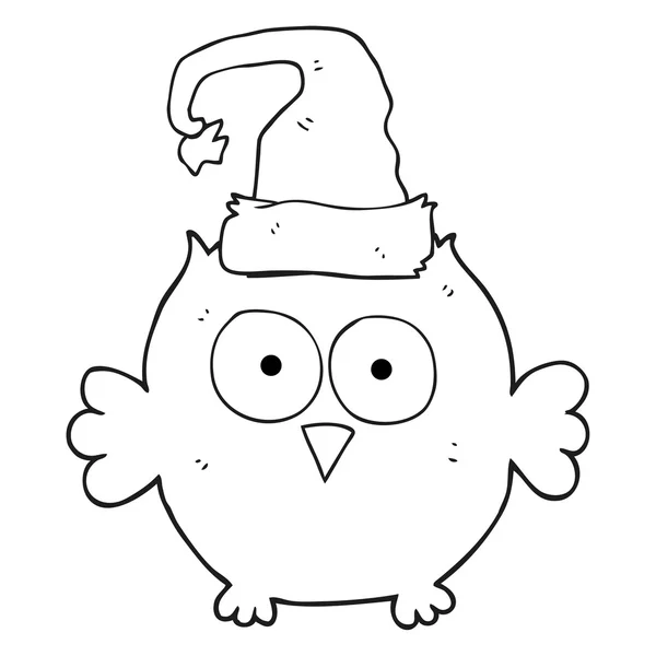 Black and white cartoon owl wearing christmas hat — Stock Vector