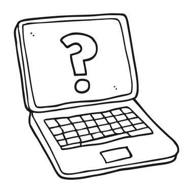 soru işareti olan siyah beyaz çizgi film dizüstü bilgisayar