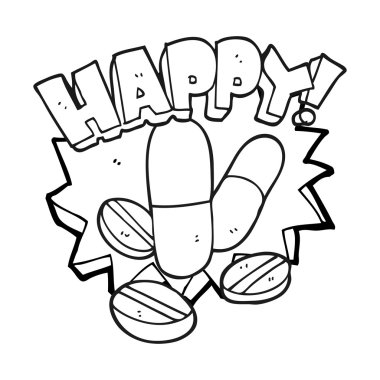 siyah beyaz çizgi film mutluluk hapları