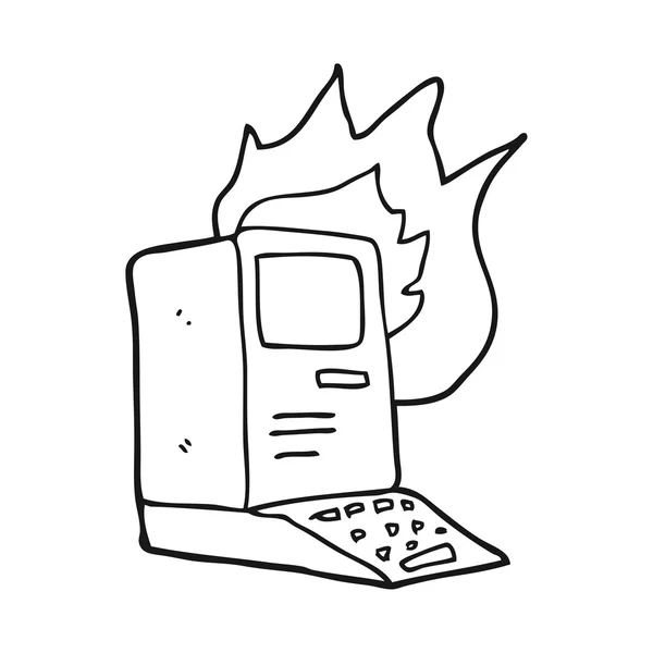 黑色和白色卡通旧计算机着火 — 图库矢量图片