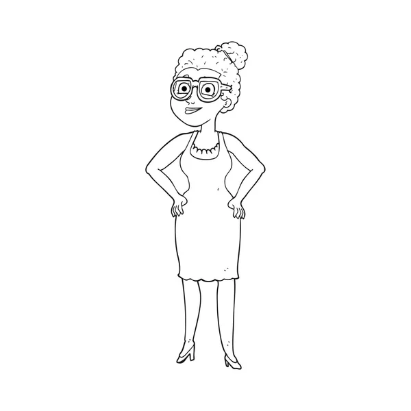 Svartvita tecknade kvinna som bär glasögon — Stock vektor