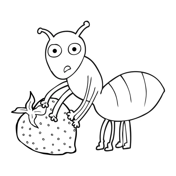 Zwart-wit cartoon mier met berry — Stockvector