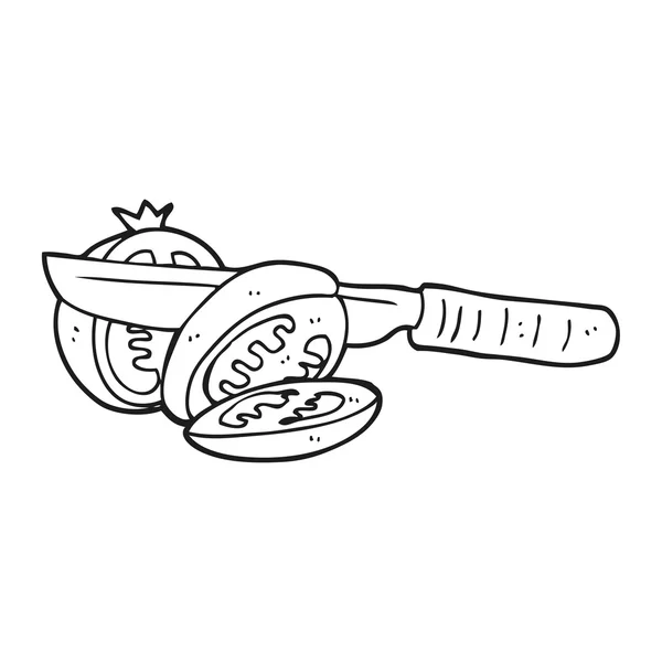 Czarno-biały rysunek nóż krojenie pomidora — Wektor stockowy