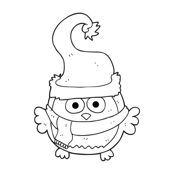 Black and white cartoon owl wearing christmas hat — Stock Vector