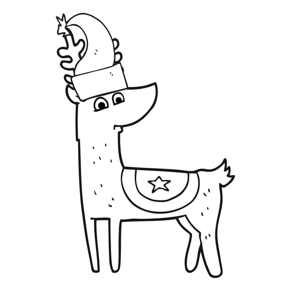 Black and white cartoon reindeer wearing christmas hat — Stock Vector