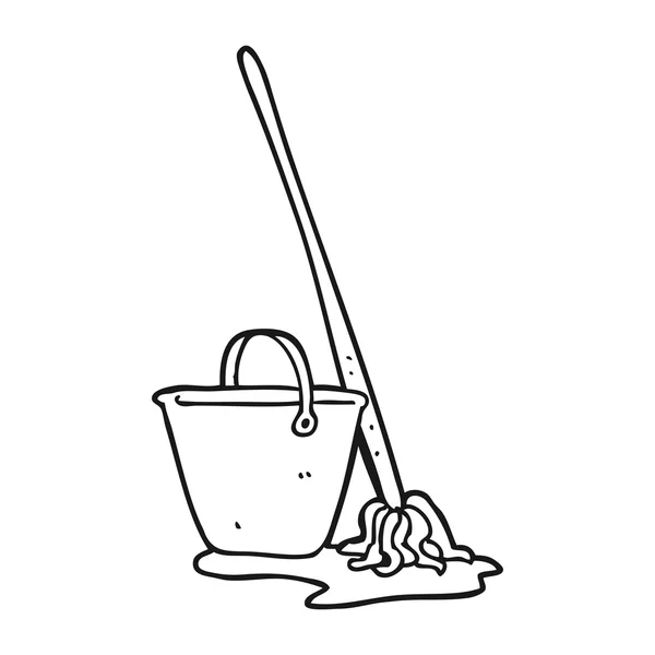 Zwart-wit cartoon mop en emmer — Stockvector
