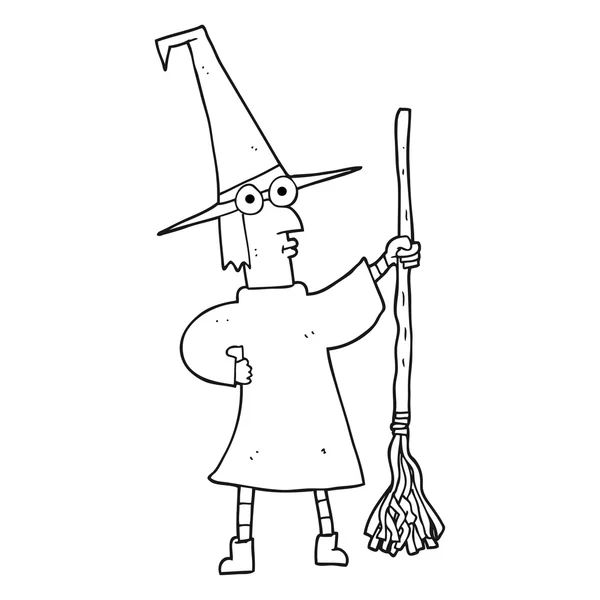 Fekete-fehér rajzfilm boszorkány seprű — Stock Vector