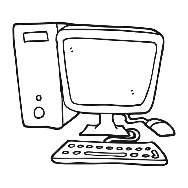 Computadora de escritorio de dibujos animados en blanco y negro — Vector de stock