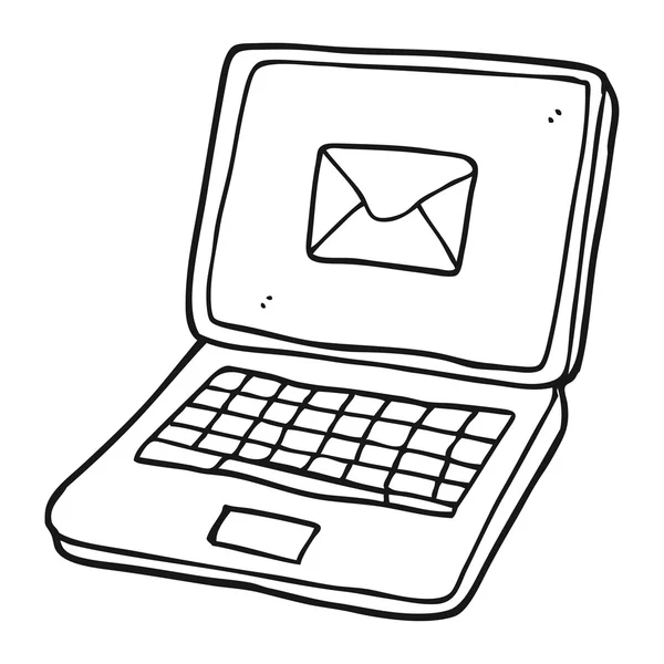 Ordinateur portable dessin animé noir et blanc avec symbole de message sur s — Image vectorielle