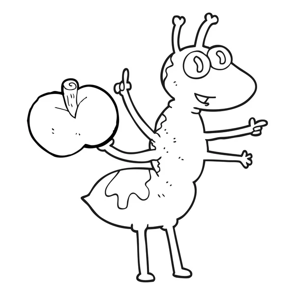 Hormiga de dibujos animados en blanco y negro con manzana — Archivo Imágenes Vectoriales