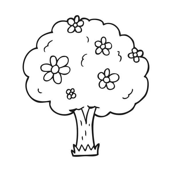 Árbol de dibujos animados en blanco y negro con flores — Archivo Imágenes Vectoriales