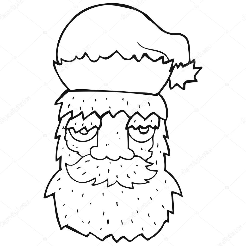 A mano libera disegnato in bianco e nero fumetto stanco viso di Babbo Natale — Vettoriali di lineartestpilot