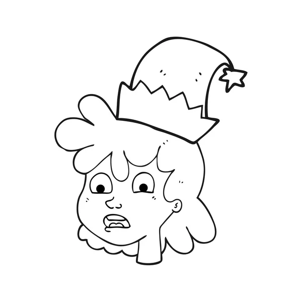 Wanita kartun hitam dan putih memakai topi natal - Stok Vektor