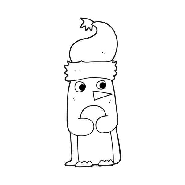 Pingüino de dibujos animados en blanco y negro en sombrero de Navidad — Vector de stock