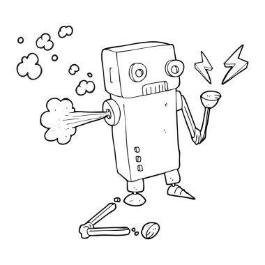 siyah beyaz çizgi film kırık robot