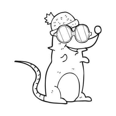 gözlük ve şapka giymiş siyah beyaz çizgi film fare