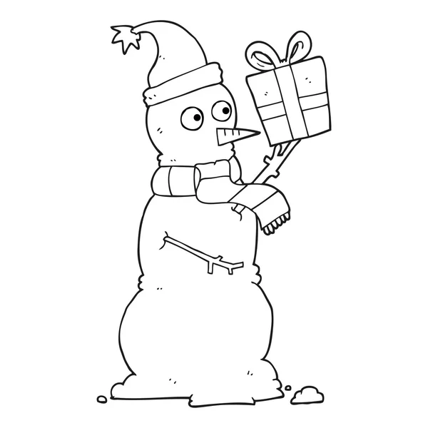 Schwarz-weißer Cartoon-Schneemann mit Geschenk — Stockvektor