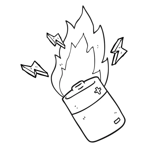 Zwart-wit cartoon vlammende batterij — Stockvector
