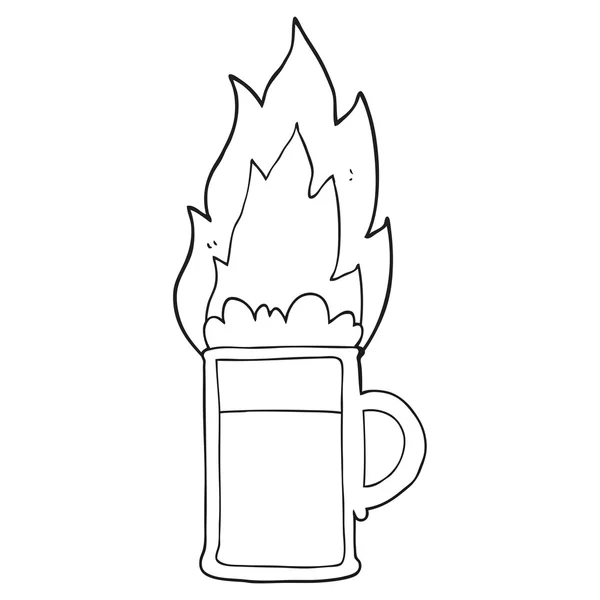 Preto e branco desenho animado flaming tankard de cerveja — Vetor de Stock