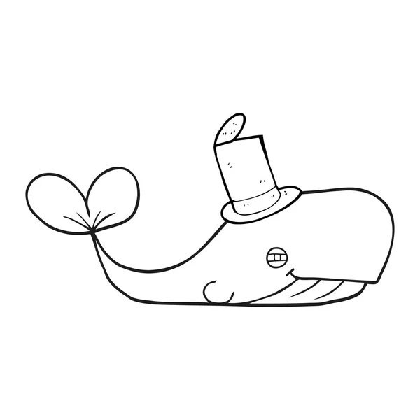 Nero e bianco cartone animato balena indossa cappello — Vettoriale Stock