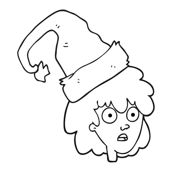 Wanita kartun hitam dan putih dengan topi santa - Stok Vektor