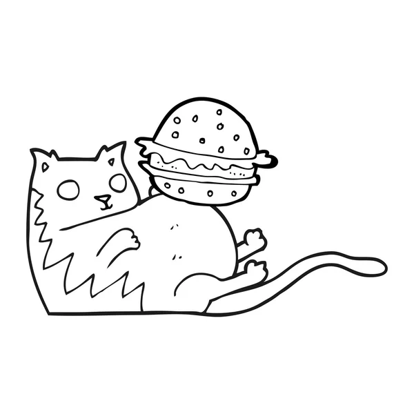 Black and white cartoon fat cat with burger — Stock Vector