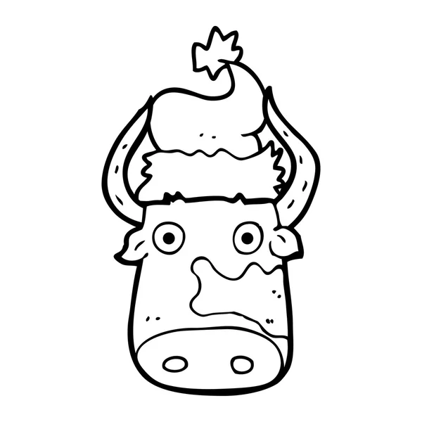 Preto e branco cartoon vaca vestindo chapéu de Natal — Vetor de Stock