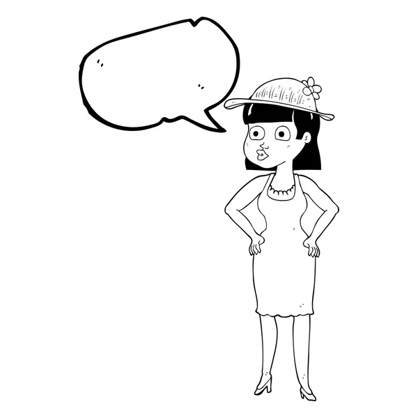 Toespraak bubble cartoon vrouw met hoed van de zon — Stockvector
