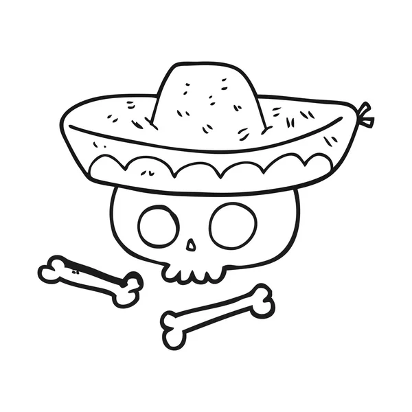 Meksika şapka kafatasında siyah beyaz çizgi film — Stok Vektör