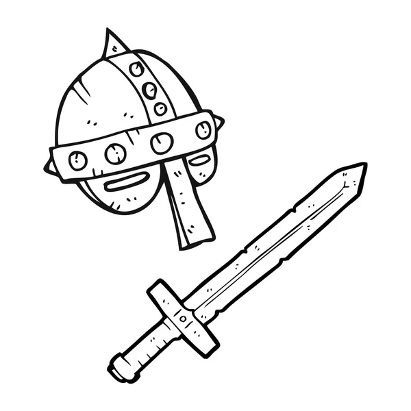 Casco medieval de dibujos animados en blanco y negro — Vector de stock