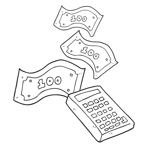 Calcolatrice cartone animato in bianco e nero contando i soldi — Vettoriale Stock