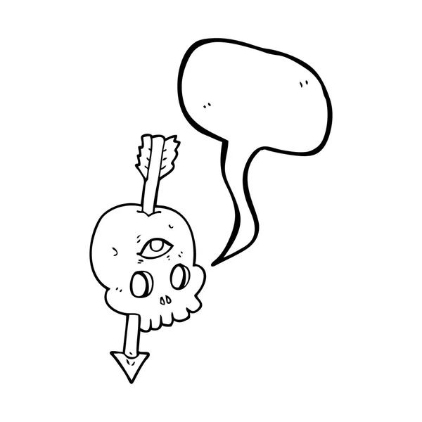 Habla burbuja dibujos animados calavera mágica con flecha a través del cerebro — Vector de stock