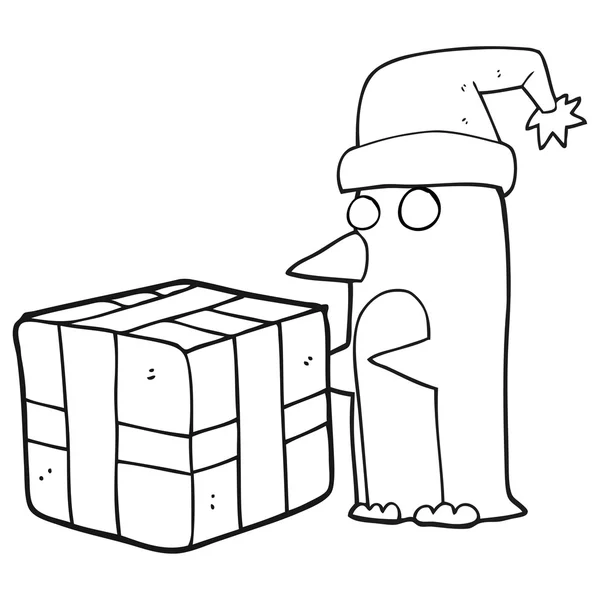 Svartvita tecknade jul pingvin med nuvarande — Stock vektor