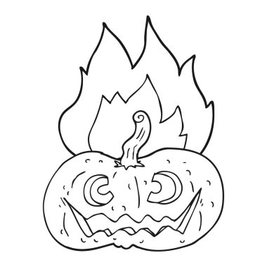 siyah ve beyaz çizgi film yanan halloween kabak