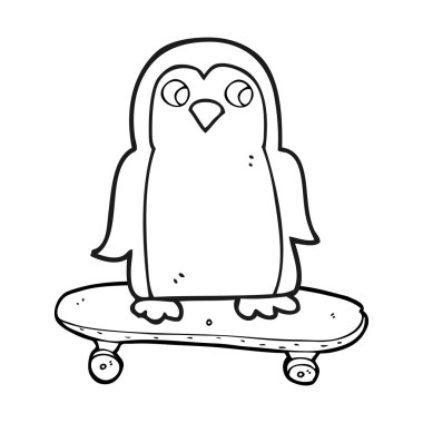 siyah ve beyaz karikatür penguen binme kaykay
