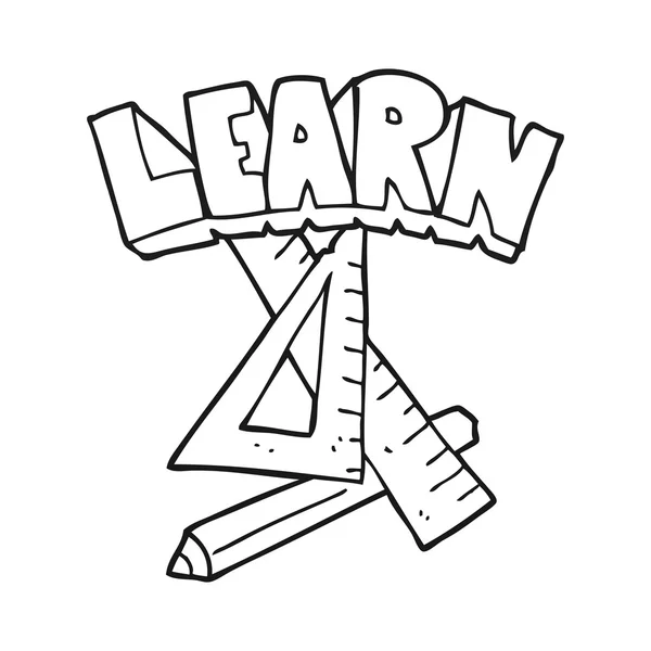 Schwarz-weißer Cartoon-Bleistift und Lineal unter dem Lernsymbol — Stockvektor