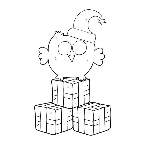 Czarno-biały rysunek sowa kapeluszu, Boże Narodzenie — Wektor stockowy