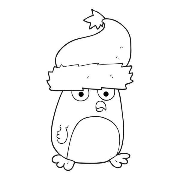 Black and white cartoon christmas robin wearing santa hat — Stock Vector