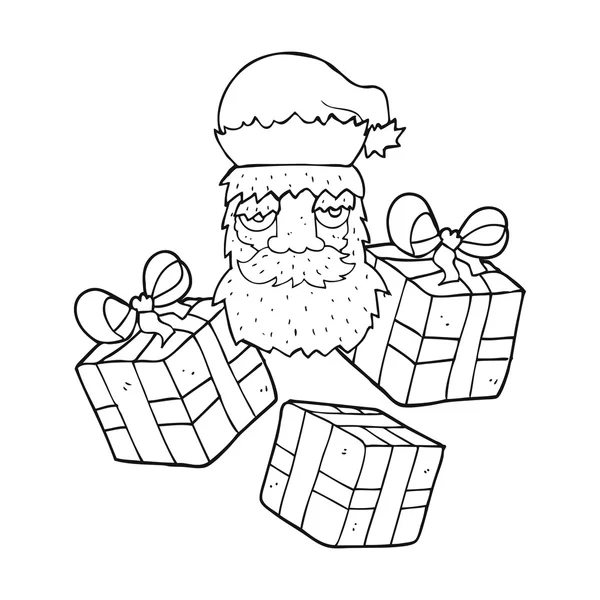 Black and white cartoon tired santa claus face with presents — Stock Vector
